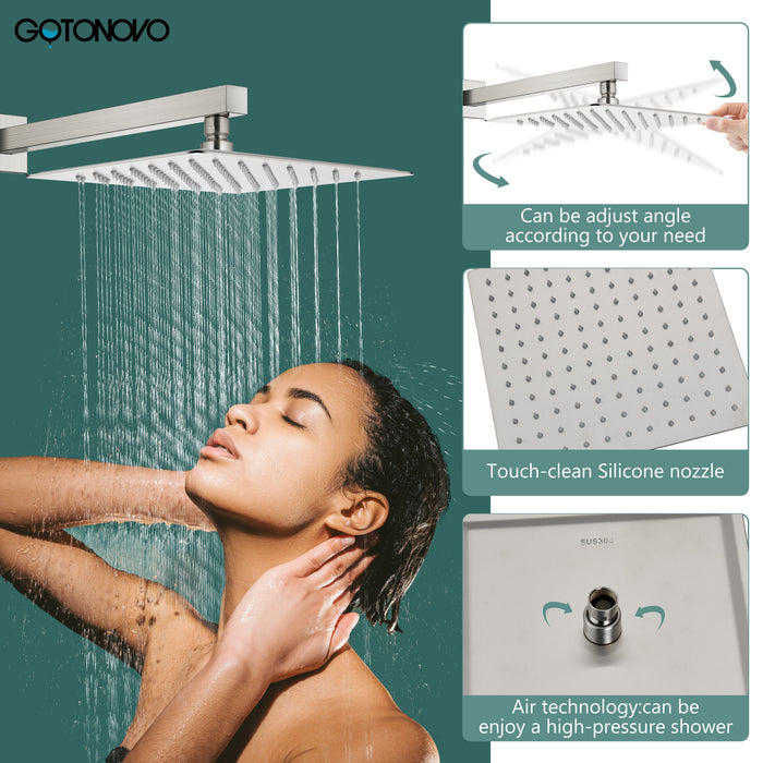 gotonovo Shower Trim Kit 10 Inch Square SUS304 Rainfall Shower Head and One Handle System 1 Function Mixer Shower Faucet Set with Rough-in Valve Male Thread