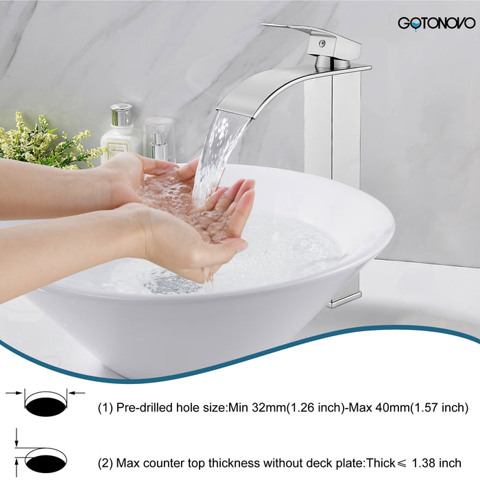 gotonovo Vessl Sink Tall Faucet Waterfall Bathroom Bowl Single Handle Single Hole Spout Sink Faucet Deck Mount with Large Rectangular Lavatory Vanities