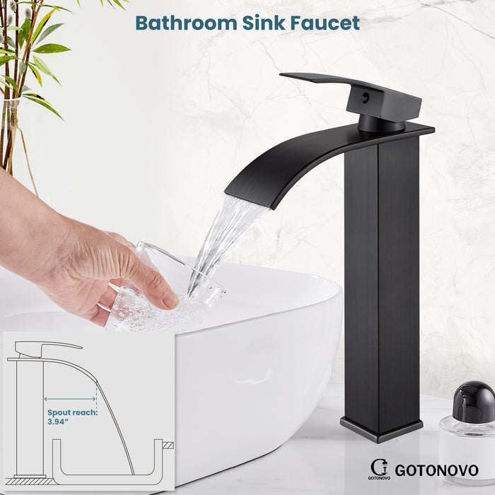 gotonovo Bathroom Sink Faucet Tall Large Waterfall Spout Deck Mount Stainless Steel 304 Single Hole Single Handle Mixer Tap with Supply Line(2 styles-Without Pop Up Drain & With Pop Up Drain)