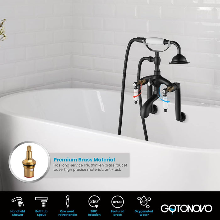 gotonovo Clawfoot Bathtub Shower Faucet Wall Mount with Hand Held Shower Sprayer Bathtub Faucet Set Double Level Handle 6 Inch Center with Lengthen Adapter Adjustable Swing Arms