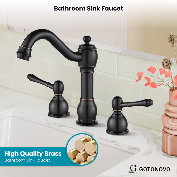 gotonovo 8 Inch Widespread Bathroom Faucets for Sink 3 Hole 2 Lever Handle Deck Mount with Pop Up Drain Assembly with Hot and Cold Water Supply Lines