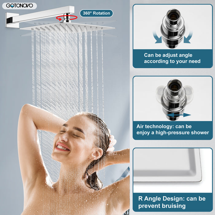 gotonovo Square 12 Inch Rainfall Showerhead Pressure Balance Shower System Wall Mount Shower Faucet Complete Set with Handheld Sprayer Included Rough-in Valve Body and Trim