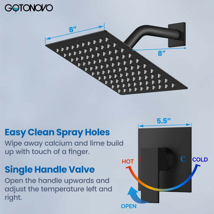 gotonovo Shower Faucet Set Bathroom Rain Shower System SUS304 Stainless Steel 8 Inch Square Showerhead Single Handle With Rough-in Valve Shower Trim Kit