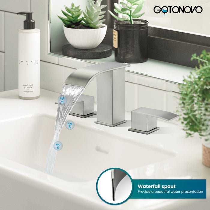 gotonovo 3 Hole Bathroom Sink Faucet Widespread Lavatory Faucet 2 Handles Hot and Cold with Pop Up Drain,Waterlines Modern Waterfall Bathroom Faucet Brushed Nickel