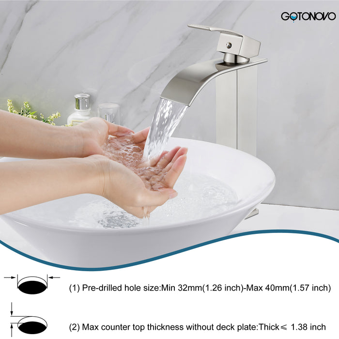 gotonovo Vessl Sink Tall Faucet Waterfall Bathroom Bowl Single Handle Single Hole Spout Sink Faucet Deck Mount with Large Rectangular Lavatory Vanities