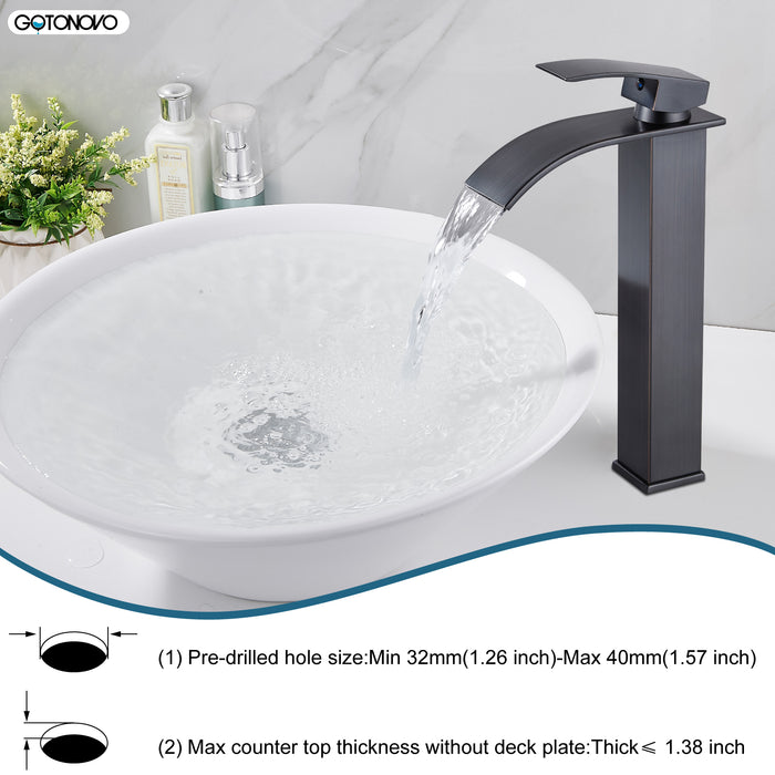 gotonovo Waterfall Bathroom Bowl Vessel Sink Tall Faucet1 Hole Single Handle Lavatory Vanities Mixer Tap Deck Mount with Large Rectangular Spout