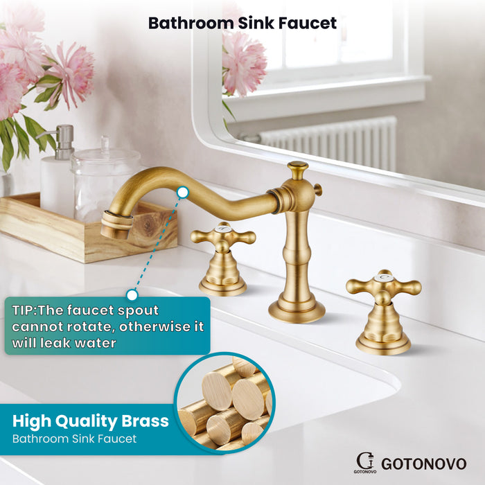 gotonovo Bathroom Sink Faucet Deck Mount Widespread Double Mixing Tap Cross Knobs 3 Hole with Pop Up Drain