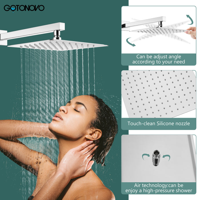 gotonovo Shower Trim Kit 10 Inch Square SUS304 Rainfall Shower Head and One Handle System 1 Function Mixer Shower Faucet Set with Rough-in Valve Male Thread