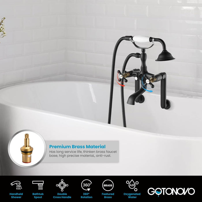 gotonovo Vintage Wall Mount Clawfoot Bathtub Faucet 1.8-17.4Inch Adjustable Center Double cross Handle Shower Faucet System Telephone Shape with Lengthen Adapter Adjustable Swing Arms