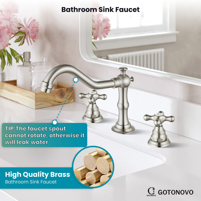 gotonovo Bathroom Sink Faucet Deck Mount Widespread Double Mixing Tap Cross Knobs 3 Hole with Pop Up Drain