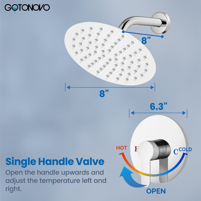 gotonovo Shower Faucet Set, Single Function Shower Trim Kit, Wall Mount 8 Inch Round Rainfall Shower Head and Handle Set, Single Handle Shower System Set Rough-in Valve