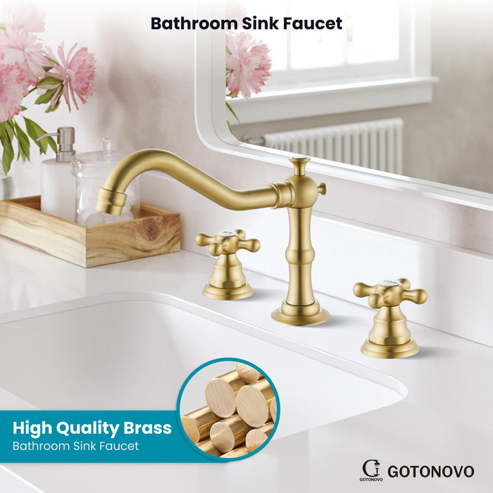 gotonovo Bathroom Sink Faucet Deck Mount Widespread Double Mixing Tap Cross Knobs 3 Hole with Pop Up Drain