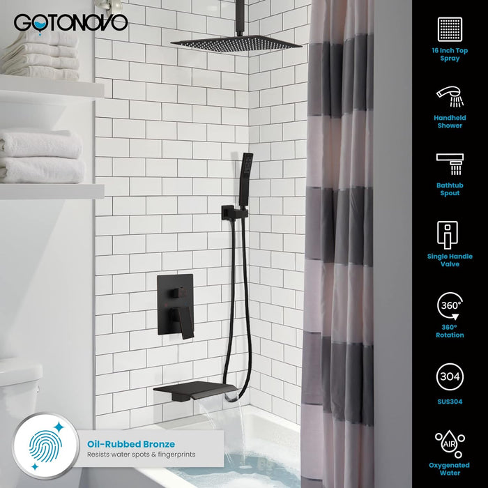 gotonovo Rain Shower System Rainfall Shower Head Combo Shower Faucet Set with Waterfall Bathtub Spout Handheld Shower Ceiling Mount Rough-in Valve Kit Included