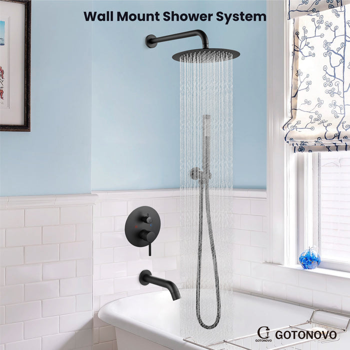 gotonovo 10 inch Round Rain Shower System with Tub Spout Wall Mounted Bathroom 3 Piece Mixer Shower Set Shower Head Combo with Rough in Valve Cylindrical Handheld