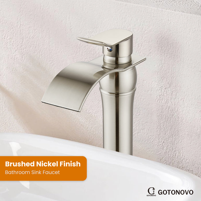 gotonovo Waterfall Vessel Sink Faucet for Sink 1 Hole,Single Handle Tall Bathroom Sink Faucet,Brass Waterfall Bathroom Faucet Arc Body Mixer Tap with Pop Up Drain and Supply Line