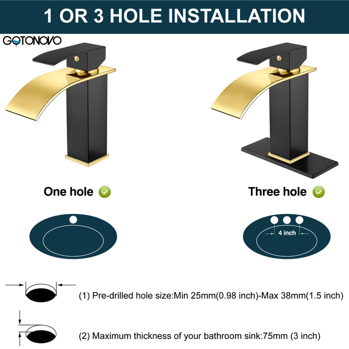gotonovo Bathroom Sink Faucet Single Handle 1 Hole Waterfall Spout Vanity Sink Faucet Deck Mount Mixer Tap Lavatory with Deck Plate and Pop Up Drain