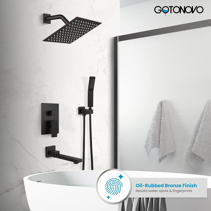Gotonovo Rain Shower Combo Set Luxury 3-Function with Rotating Tub Spout,Square Rainfall Shower Head and Handheld Spray Rough-in Valve Body and Trim Included