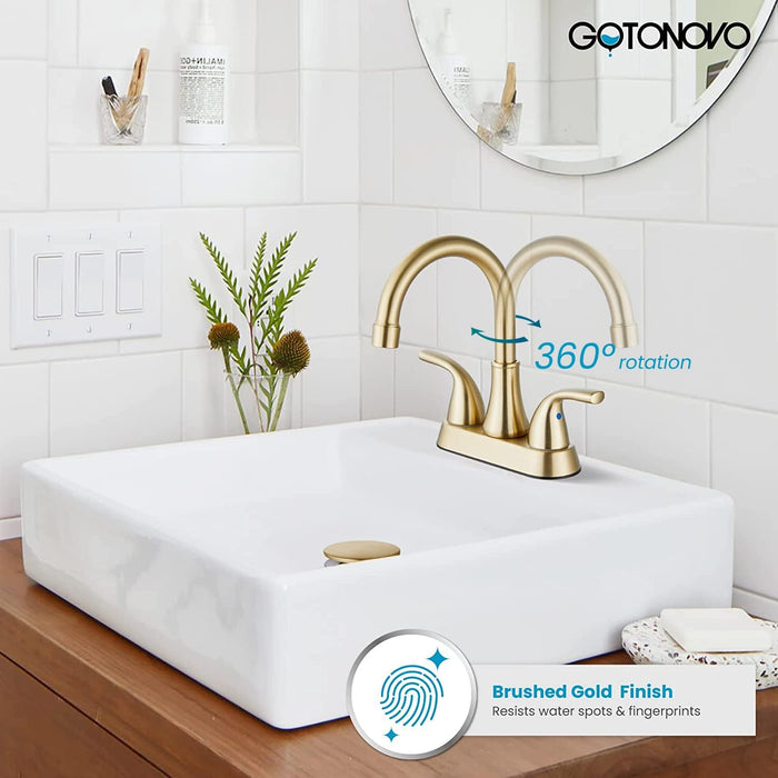 gotonovo Contemporary 2 Hole Lavatory Hot and Cold Mixer Tap 4 Inch Centerset Bathroom Sink Faucet 2 Handles Deck Mount with Pop Up Drain and Water Supply Lines