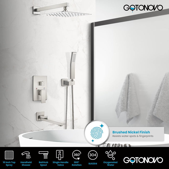 gotonovo 10" Rainfall Shower Head Shower Faucet Set Wall Mount Bathroom Shower System with Tub Spout with Hand Sprayer Rough-In Valve