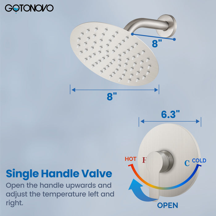 gotonovo Shower Faucet Set, Single Function Shower Trim Kit, Wall Mount 8 Inch Round Rainfall Shower Head and Handle Set, Single Handle Shower System Set Rough-in Valve