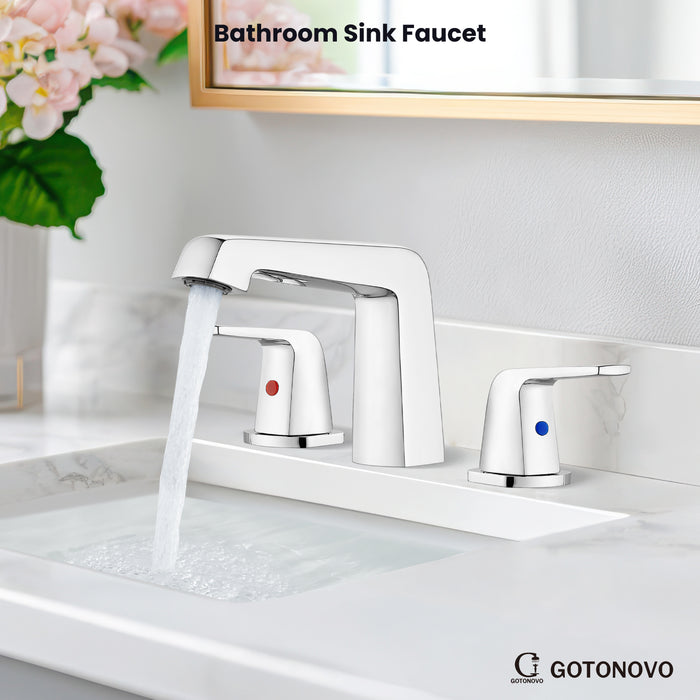 gotonovo Bathroom Sink Faucet 3 Holes 2 Handles Widespread 8 Inch Bathroom Faucet with Pop Up Drain Hot Cold Water Supply Lines Lavatory Vanity Mixer Tap, Thick Style