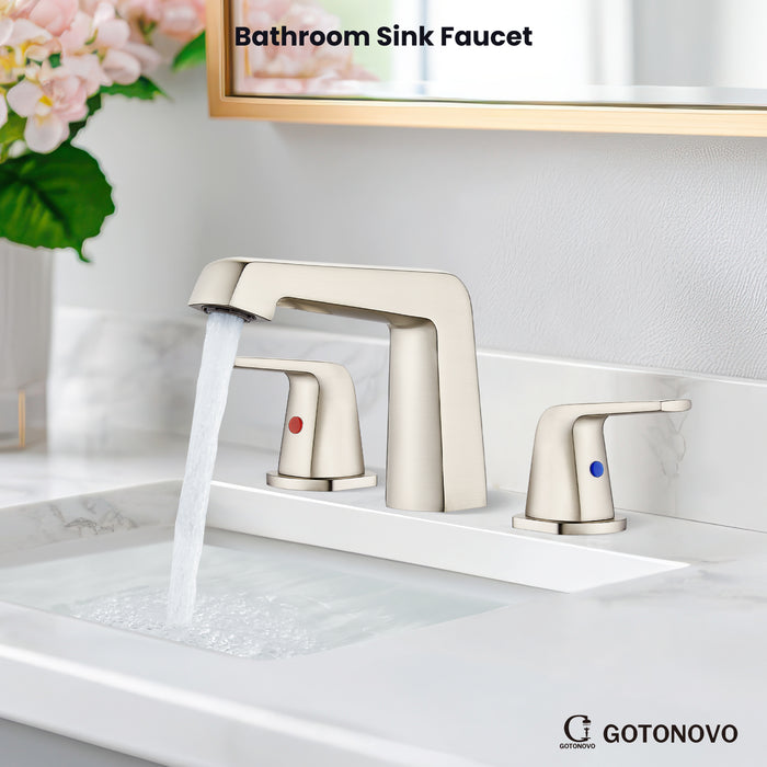 gotonovo Bathroom Sink Faucet 3 Holes 2 Handles Widespread 8 Inch Bathroom Faucet with Pop Up Drain Hot Cold Water Supply Lines Lavatory Vanity Mixer Tap, Thick Style