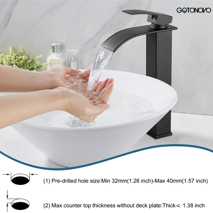 gotonovo Vessl Sink Tall Faucet Waterfall Bathroom Bowl Single Handle Single Hole Spout Sink Faucet Deck Mount with Large Rectangular Lavatory Vanities