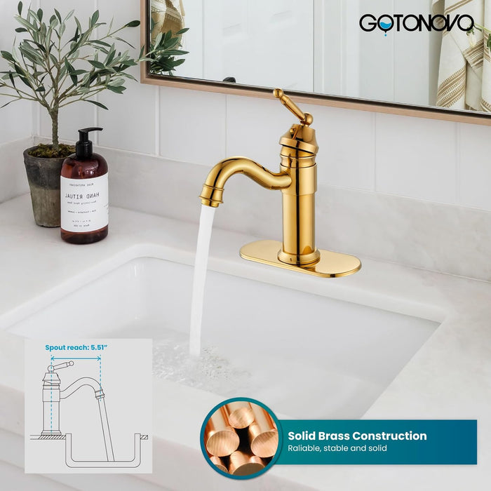 gotonovo Single Hole Bathroom Faucet Deck Mounted Lavatory Sink Faucet Long Reach 360 Degree Swivel Spout Short Mixer Tap Hot and Cold Water Single-Handle with Pop Up Drain