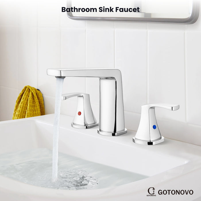 gotonovo Bathroom Sink Faucet 3 Holes 2 Handles Widespread 8 Inch Bathroom Faucet with Pop Up Drain Hot Cold Water Supply Lines Lavatory Vanity Mixer Tap, Thin Style