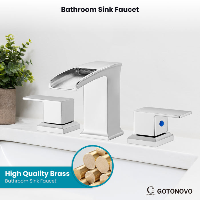 gotonovo Widespread Waterfall Bathroom Faucets for Sink 3 Hole 8 Inch Farmhouse Sink Faucet Set Waterfall Faucet Lavatory 2 Handles and Supply Lines Mix Tap