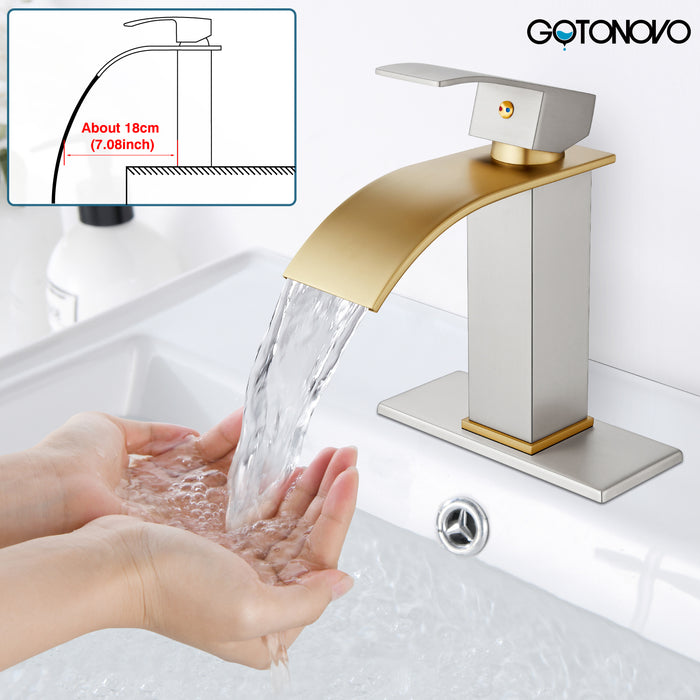 gotonovo Bathroom Sink Faucet Single Handle 1 Hole Waterfall Spout Vanity Sink Faucet Deck Mount Mixer Tap Lavatory with Deck Plate and Pop Up Drain