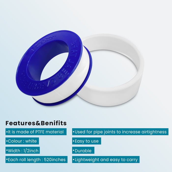 gotonovo Teflon Tape Plumbing, PTFE Industrial Thread Sealant Tape, Water Shower Hose Pipe Seal Tape, Transparent Anti-Leaking Sealant, 520" Length,1/2 Inch Width, White
