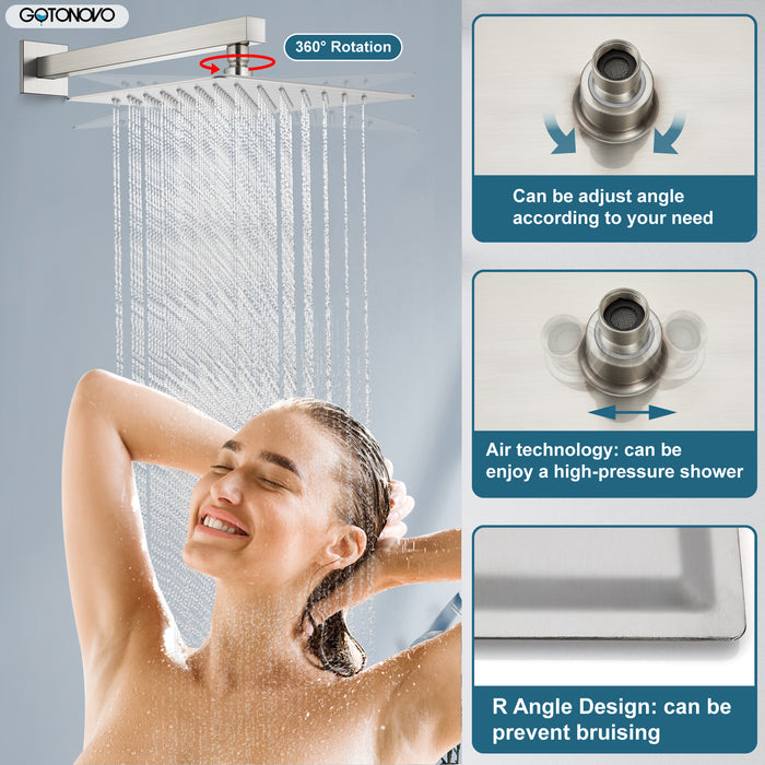 gotonovo Shower System 12 Inch Square Shower Head with Handheld Shower and Waterfall Tub Spout Wall Mount Rainfall Shower Faucet Rough-in Valve 3 Function Shower Combo Set