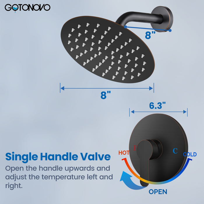 gotonovo Shower Faucet Set, Single Function Shower Trim Kit, Wall Mount 8 Inch Round Rainfall Shower Head and Handle Set, Single Handle Shower System Set Rough-in Valve