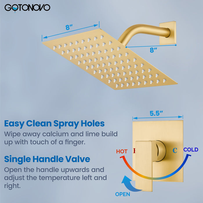 gotonovo Shower Faucet Set Bathroom Rain Shower System SUS304 Stainless Steel 8 Inch Square Showerhead Single Handle With Rough-in Valve Shower Trim Kit