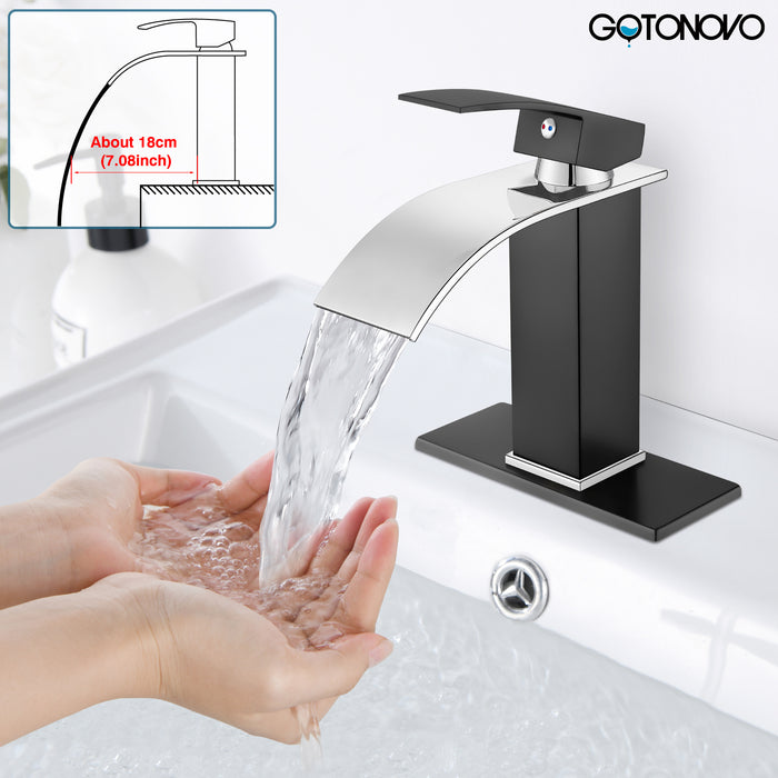 gotonovo Bathroom Sink Faucet Single Handle 1 Hole Waterfall Spout Vanity Sink Faucet Deck Mount Mixer Tap Lavatory with Deck Plate and Pop Up Drain