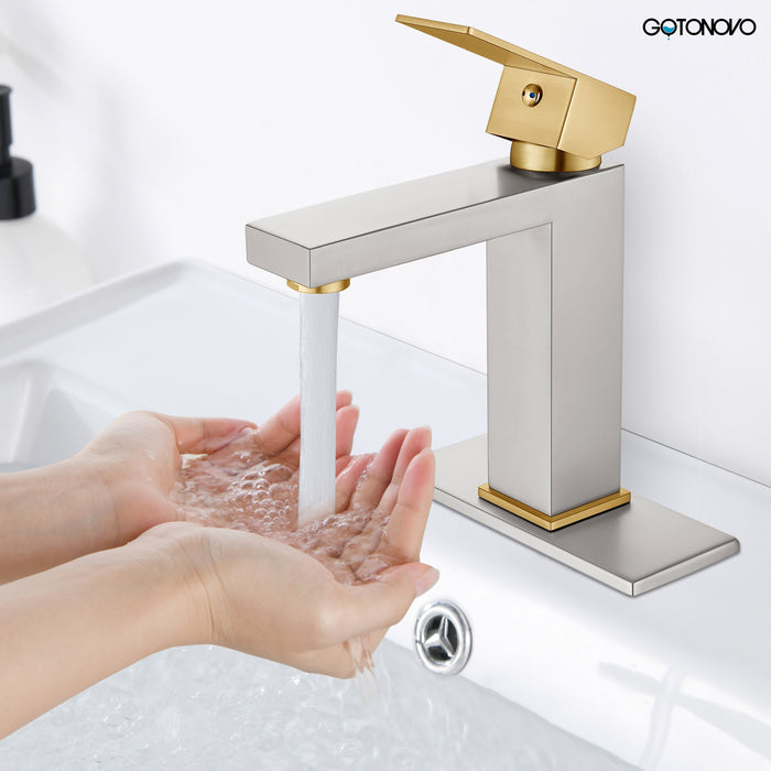 gotonovo Bathroom Sink Faucet Single Handle 1 Hole One Lever Stainless Steel SUS304 Commercial Deck Mount Lavatory Mixer Tap Include Pop Up Drain and Cover Plate