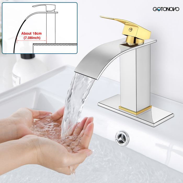 gotonovo Bathroom Sink Faucet Single Handle 1 Hole Waterfall Spout Vanity Sink Faucet Deck Mount Mixer Tap Lavatory with Deck Plate and Pop Up Drain