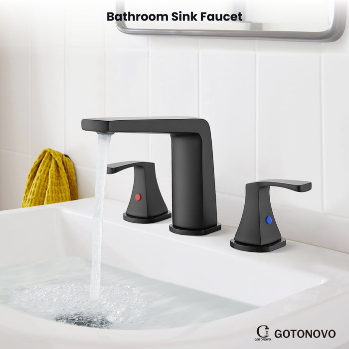 gotonovo Bathroom Sink Faucet 3 Holes 2 Handles Widespread 8 Inch Bathroom Faucet with Pop Up Drain Hot Cold Water Supply Lines Lavatory Vanity Mixer Tap, Thin Style