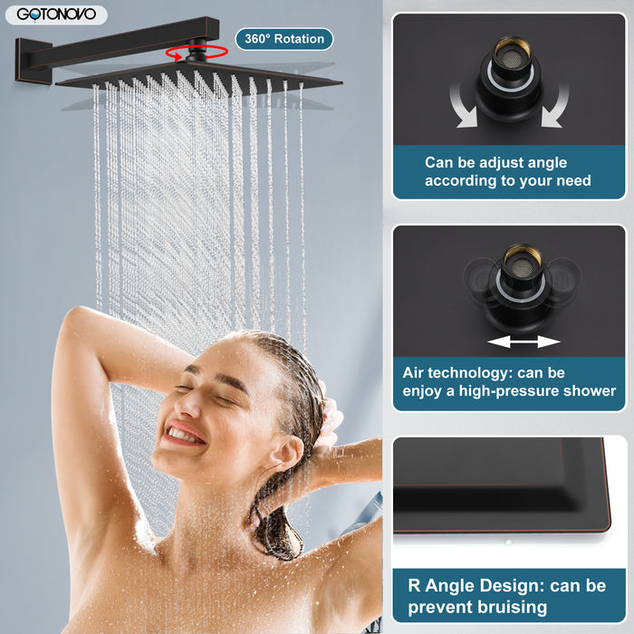 gotonovo Shower System 12 Inch Square Shower Head with Handheld Shower and Waterfall Tub Spout Wall Mount Rainfall Shower Faucet Rough-in Valve 3 Function Shower Combo Set