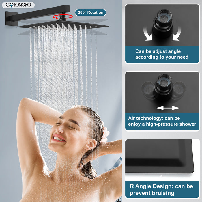 gotonovo Square 12 Inch Rainfall Showerhead Pressure Balance Shower System Wall Mount Shower Faucet Complete Set with Handheld Sprayer Included Rough-in Valve Body and Trim