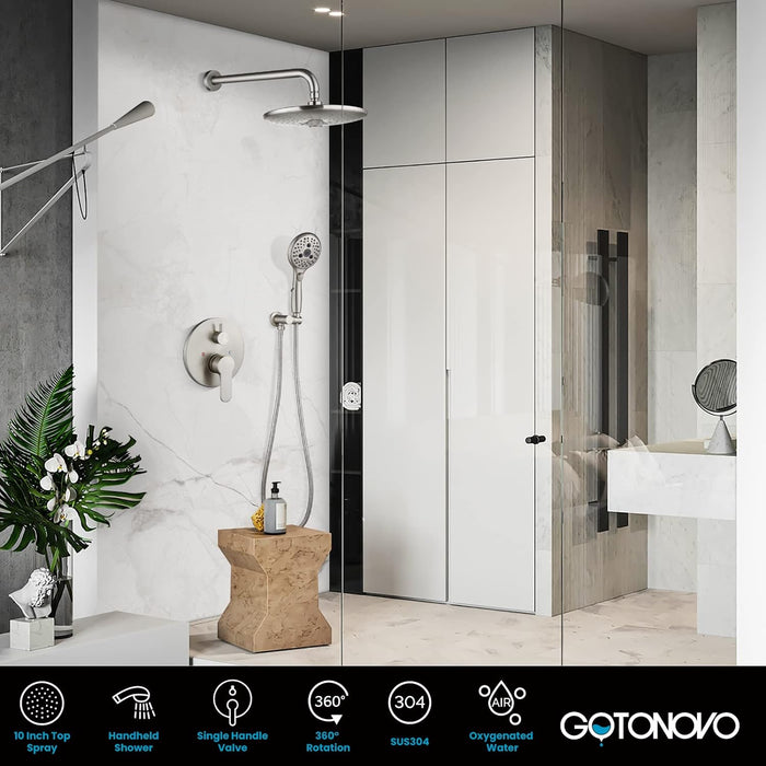 gotonovo Shower Trim Kit 10 inch 3 Modes Round Rainfall Shower Head Wall Mounted 6-Functions ABS Handheld Spray Shower System Pressure Balanced Rough-in Valve and Trim Included
