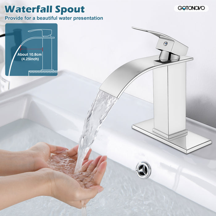 gotonovo Waterfall Bathroom Sink Faucet Single Hole 1 Handle Lavatory Vanity Faucet with Deck Plate Deck Mount Hot & Cold Water Mixer Tap