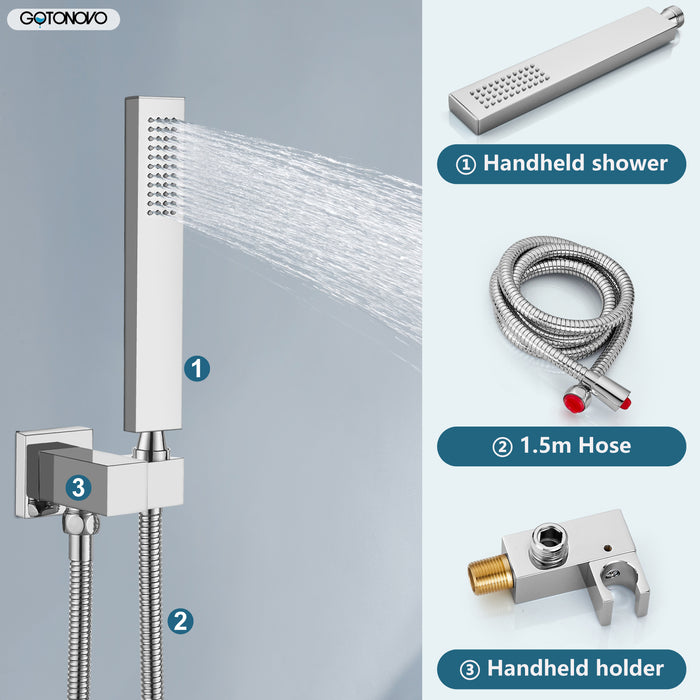 gotonovo Square 12 Inch Rainfall Showerhead Pressure Balance Shower System Wall Mount Shower Faucet Complete Set with Handheld Sprayer Included Rough-in Valve Body and Trim