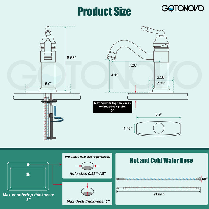 Gotonovo Badkamer Wastafel Kraan Messing Eén Gat Enkele Handgreep Toiletarmatuur Badrandcombinaties Vanity Vessel Mengkraan Pop-up Afvoer Inclusief Warm en Koud Water