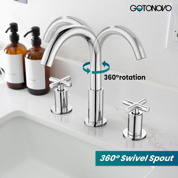 gotonovo 3 Hole Bathroom Faucet 8 inch Widespread Sink Vanity Faucet for Bathroom Sink 2 Cross Handle Deck Mount Basin with Pop Up Drain 360° Swivel Spout