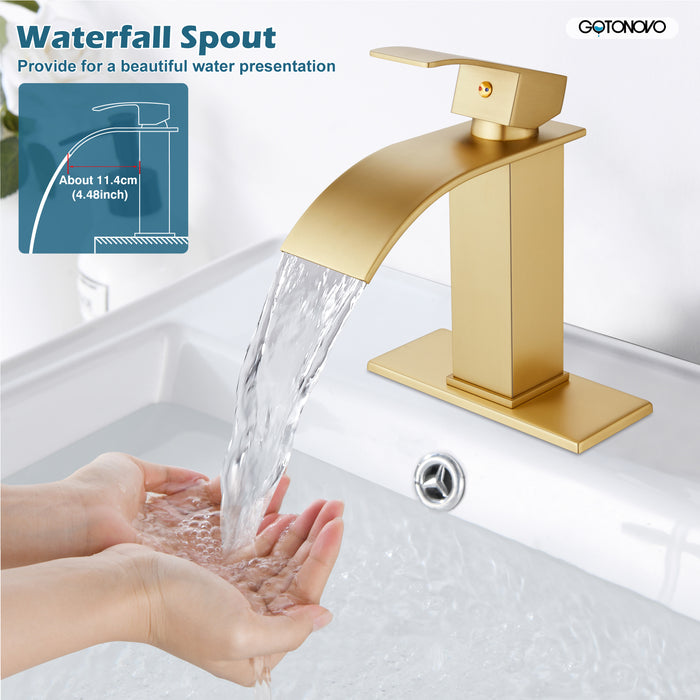 gotonovo Waterfall Bathroom Sink Faucet Single Hole 1 Handle Lavatory Vanity Faucet with Deck Plate Deck Mount Hot & Cold Water Mixer Tap