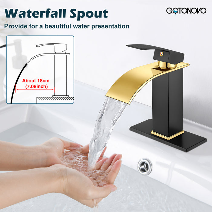 gotonovo Bathroom Sink Faucet Single Handle 1 Hole Waterfall Spout Vanity Sink Faucet Deck Mount Mixer Tap Lavatory with Deck Plate and Pop Up Drain