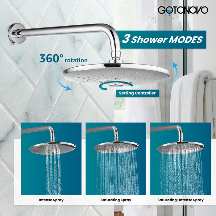 gotonovo Shower Trim Kit 10 inch 3 Modes Round Rainfall Shower Head Wall Mounted 6-Functions ABS Handheld Spray Shower System Pressure Balanced Rough-in Valve and Trim Included