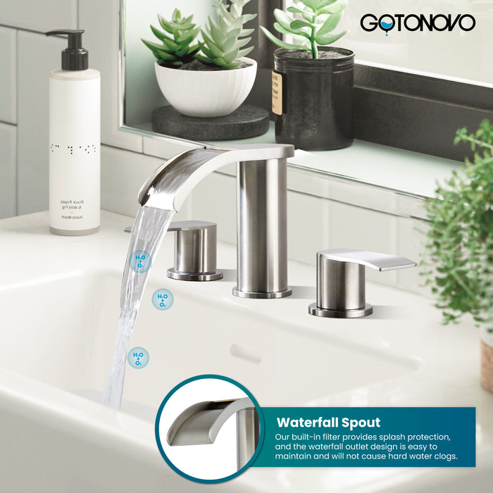 gotonovo 8 inch Waterfall Widespread Bathroom Faucet Set Bathroom Sink Faucet 3 Hole 2 Handle Vanity Lavatory Deck Mount with Pop Up Drain and Water Supply Lines